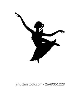 A black silhouette of a ballerina in a graceful arabesque pose, with one arm extended upwards and the other back, her body arched and one leg lifted.