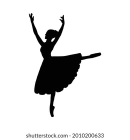 Black silhouette of ballerina in long skirt dress standing with raised hands, vector illustration isolated on white background. Outline shape of elegant ballerina.