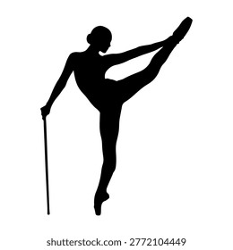 A black silhouette of a ballet dancer in a dynamic pose, holding a cane for support, against a white background.