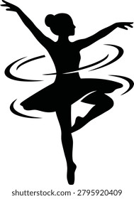 Black silhouette of a ballet dancer performing pirouette, spinning motion, elegant pose, classical dance, art form, graphic elements, vector illustration, stage performance.