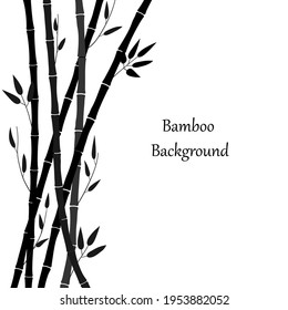 Black silhouette of bamboo on a white background. Minimalistic design. Bamboo plant and place for text. Bamboo leaves and stems, branches, black isolated pattern. Vector illustration