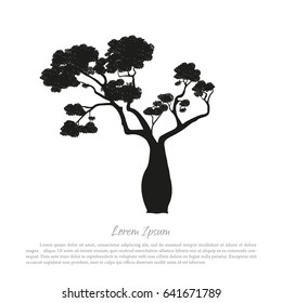 Black silhouette of a baobab on a white background. Australian nature. Desert landscape. Vector illustration