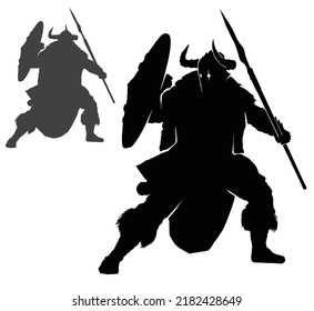 A black silhouette of a barbarian warrior in a horned helmet with a shield and a spear in a fighting stance, he is wearing skins and armor. 2d dynamic action vector art