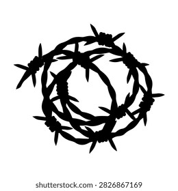 Black silhouette of barbed wire forming a circle with a bird perched on top, symbolizing restriction and freedom in a stark contrast design.