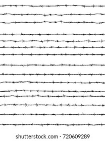 Black silhouette of the barbed wires on a white background, seamless