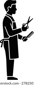 Black silhouette of a barber holding scissors and a comb	