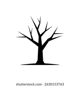 Black silhouette of a bare tree isolated on white background. A simple vector image perfect for graphic design or illustrating seasonal change concepts.