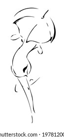 Black silhouette of a barefoot girl with an umbrella. vector illustration