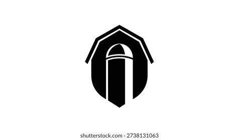 A black silhouette of a barn with a silo inside. The graphic is a simple, clean vector illustration suitable for logos or icons. Editable vector format.