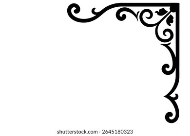 A black silhouette of a baroque style corner ornament against a white background The design features intricate swirls and scrolls in a classic style
