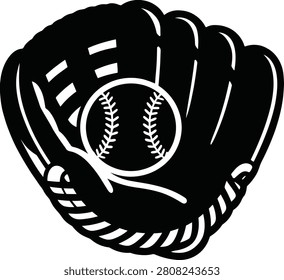 Black silhouette of baseball catcher mitt holding ball, equipment for competitive team sport, athletic activity vector.