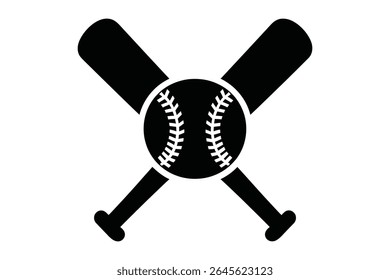 Black silhouette of a baseball with crossed bats on a white background. Sports equipment for baseball game.