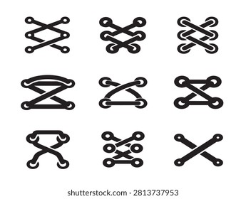 Black Silhouette Baseball Laces Icon Set Featuring Various Stitching Patterns