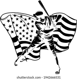 black silhouette of Baseball player with american flag vector illustration