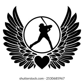 Black silhouette of baseball player with angel wings, In Loving Memory of baseball player, Angel baseball player