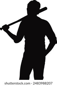 Black Silhouette of Baseball Player. Vector Illustration Isolated on White Background