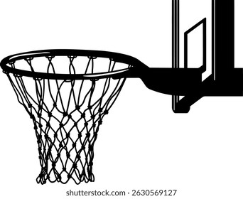 Silhueta preta de um aro de basquete em fundo transparente. Design minimalista para temas esportivos, web e impressão. Ilustração isolada de vetor.