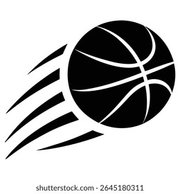 A black silhouette of a basketball moving rapidly is shown against a white background The ball is depicted with distinct lines and a dynamic motion blur effect created by black streaks behind it.