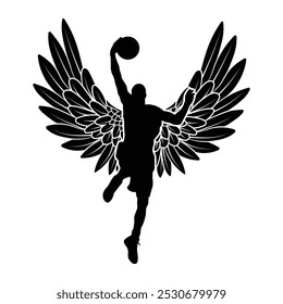 Silhueta preta do jogador de basquete com asas de anjo, Em Memória Amorosa do jogador de basquete, jogador de basquete anjo