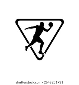 Black silhouette of a basketball player dribbling inside a black triangle emblem on a white background. Simple vector graphic style.