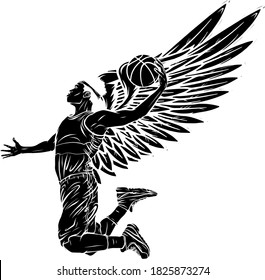 black silhouette basketball player jumping stylized vector silhouette, logo template in outlined sketch style