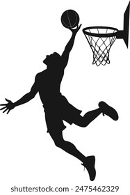 Black silhouette of a basketball player jumping block ball into the hoop