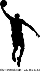 Black silhouette of basketball player performing a smash on white background