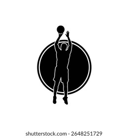 Uma silhueta preta de um jogador de basquete atirando em uma bola é centralizada dentro de um emblema circular preto em um fundo branco O estilo é minimalista e gráfico
