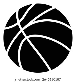 A black silhouette of a basketball with white lines is shown against a white background The image is a simple vector graphic.
