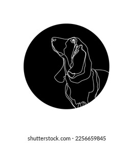 Black silhouette of the Basset Hound dog (head) in black circle. Graphic drawing. Vector illustration.