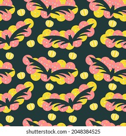 black silhouette bat in cute light bright pumpkin seamless pattern on dark green color background. this art design for halloween party carnaval, wallpaper decoration, banner card. vector illustration.
