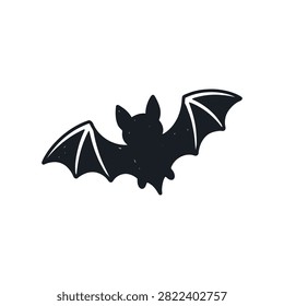 A black silhouette of a bat in flight, its wings outstretched against a white background, evoking a sense of Halloween or nocturnal activity.