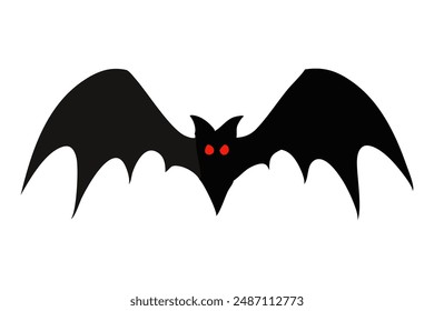 Black silhouette of bat with glowing eyes and spread wings isolated on white background. Concept of Halloween symbol, nocturnal creature, minimalist style, vampire bat. Print, icon, design element