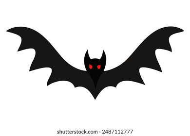 Black silhouette of bat with glowing eyes and spread wings isolated on white background. Concept of Halloween symbol, nocturnal creature, minimalist style, vampire bat. Print, icon, design element