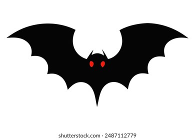 Black silhouette of bat with glowing eyes and spread wings isolated on white background. Concept of Halloween symbol, nocturnal creature, minimalist style, vampire bat. Print, icon, design element