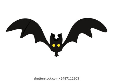 Silueta negra de murciélago con ojos brillantes y alas extendidas aisladas sobre fondo blanco. Concepto de símbolo de Halloween, criatura nocturna, estilo minimalista, murciélago vampiro. Imprimir, icono, elemento de diseño