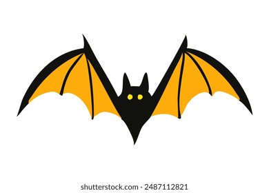 Black silhouette of a bat with glowing eyes and yellow wings isolated on a white background. Concept of nocturnal wildlife, Halloween symbol, minimalist style. Print, icon, design element.