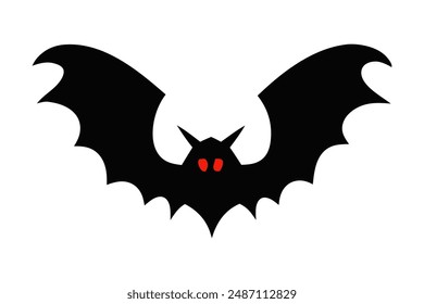 Black silhouette of bat with glowing eyes and spread wings isolated on white background. Concept of Halloween symbol, nocturnal creature, minimalist style, vampire bat. Print, icon, design element