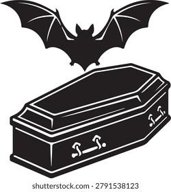 Black Silhouette of a Bat Hovering Over a Coffin Isolated on White Background for Halloween Design