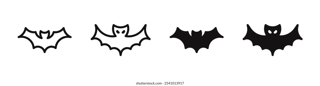 Schwarze Silhouette Fledermaus Symbole gesetzt. Halloween Symbol für Feiertage Horror Nacht. Fliegende Vampirfledermaus. Unheimlich und gruselig. Vektorgrafik.