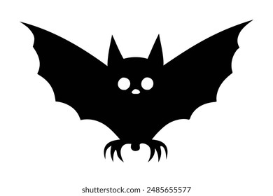 Black silhouette of a bat isolated on a white background. Concept of nocturnal wildlife, Halloween symbol, minimalist style, mysterious creature. Print, icon, design element.