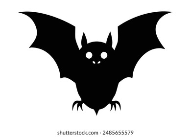 Black silhouette of a bat isolated on a white background. Concept of nocturnal wildlife, Halloween symbol, minimalist style, mysterious creature. Print, icon, design element.