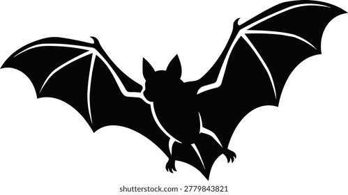 A black silhouette of a bat in mid-flight, its leathery wings fully extended against a white background.