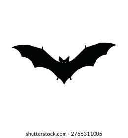 A black silhouette of a bat with outstretched wings, flying against a clean white background, evoking a sense of mystery or Halloween.