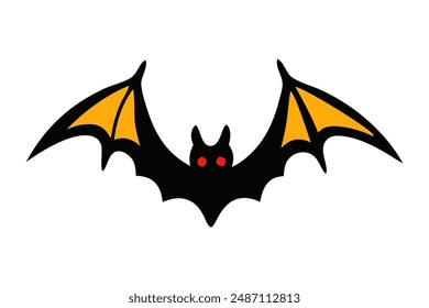 Black silhouette of a bat with red eyes and yellow wings isolated on a white background. Concept of nocturnal wildlife, Halloween symbol, minimalist style. Print, icon, design element.