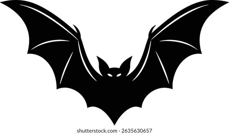 A black silhouette of a bat with wings spread, isolated on a white background, perfect for Halloween designs and spooky themes.