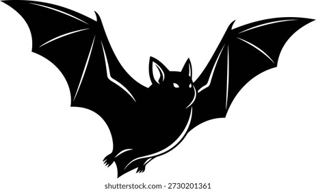 A black silhouette of a bat with its wings spread wide against a white background. The bat has sharp angular lines and white glowing eyes.