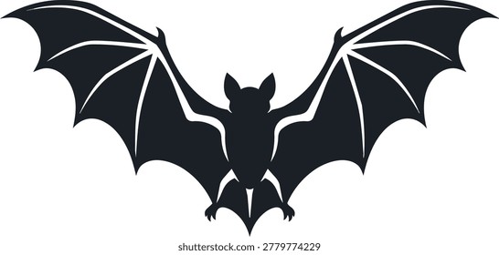 A black silhouette of a bat with its wings spread wide, depicted against a white background.