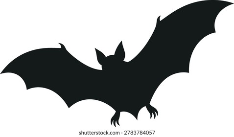 A black silhouette of a bat with wings spread wide, captured mid-flight against a white background.