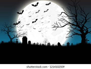 Black silhouette of bats fly over tombstones, crosses and graveyard. Elements of cemetery. Graveyard poster. Vector illustration